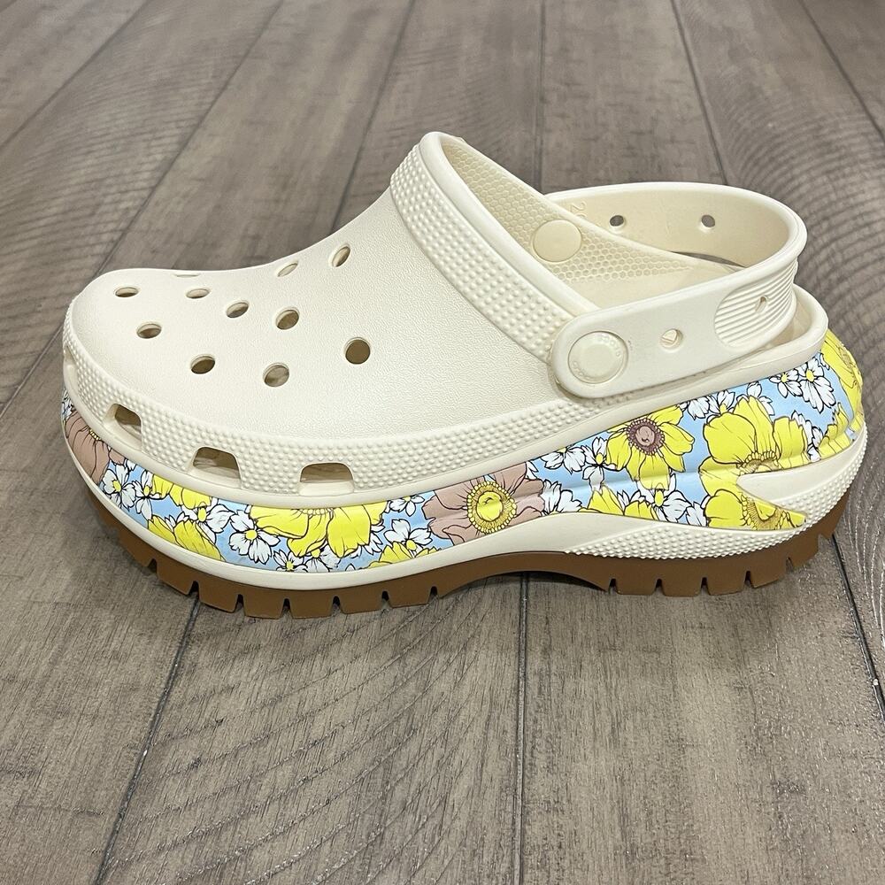 Crocs Mega Crush Retro Floral Clogs Womens W6 Vanilla Yellow Blue Platform Shoes - Picture 4 of 14